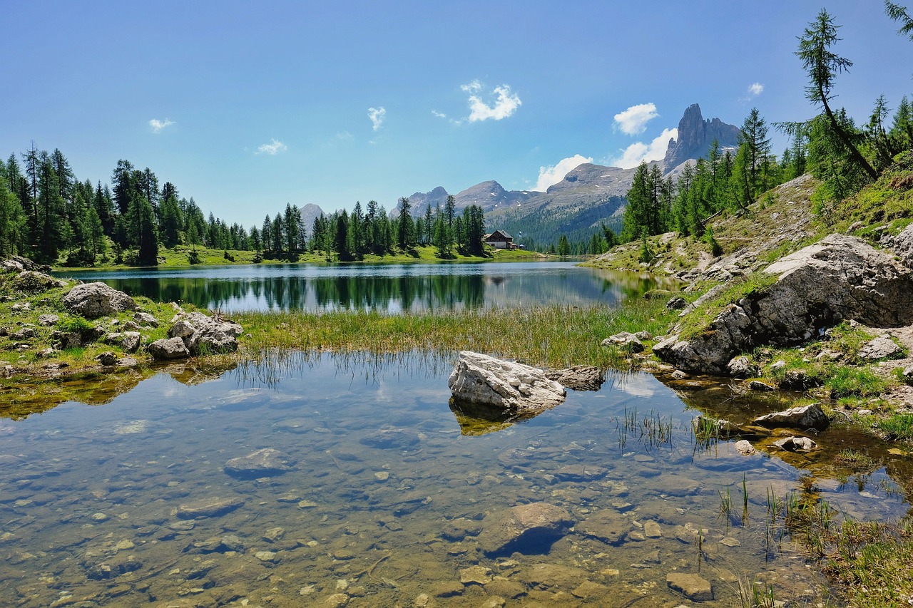 Lago nascosto in Trentino circondato da montagne e vegetazione, ideale per escursioni e attività all'aperto.