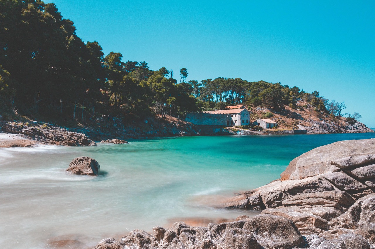Panorama di una splendida località balneare francese con spiaggia, mare cristallino e palme.